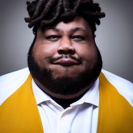 Image similar to overweight african american male school bus driver with dreads, wearing shorts with chubby legs, big moe, symmetric face, photo