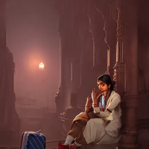 Image similar to Anxious young female Indian Doctor catching a flight, by Cedric Peyravernay, highly detailed, excellent composition, cinematic concept art, dramatic lighting, trending on ArtStation