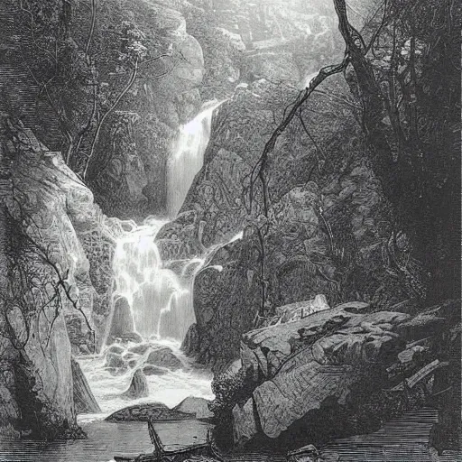 Image similar to waterfall scene, gustave dore lithography