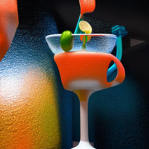 Image similar to close - up of white reneissance statue holding a coctail, colorful coctail, digital painting, 3 d render