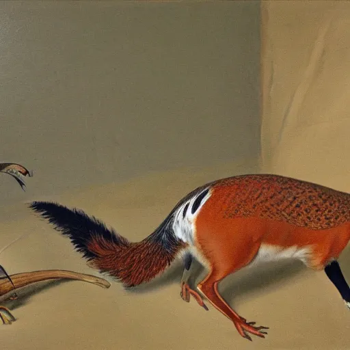 Image similar to A painting of a pheasant eating a fox