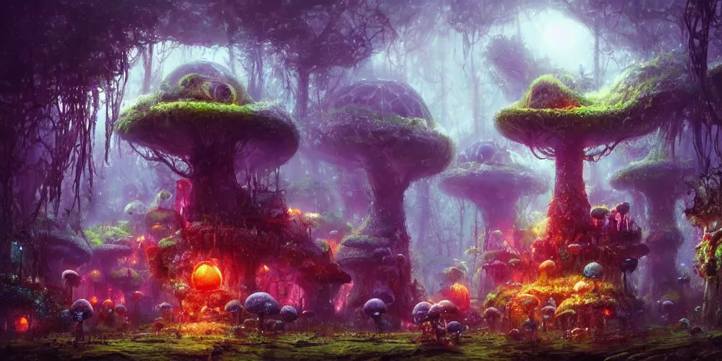 Image similar to ”cute furry creatures living in giant mushroom houses in a mysterious fantasy forest, [bioluminescense, rope bridges, art by wlop and paul lehr, cinematic, colorful]”