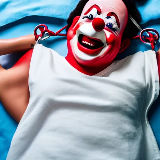 Image similar to confused laughing clown lying in hospital bed with wrist restraints on, restraint fabric straps attached to hospital bed, photograph, 8 k