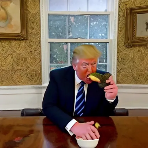 Prompt: blurry cell phone footage of donald trump eating a moldy apple in an abandoned house