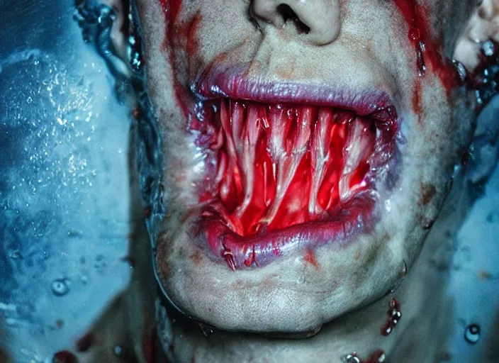 Image similar to a giant slimy creepy monster, very long slimy tongue, saliva, mouth inside a mouth, many long wet tongues, translucent skin, fangs, red glowing veins, thin blue arteries, cinematic colors, standing in shallow water, insanely detailed 8 k artistic photography, dramatic lighting