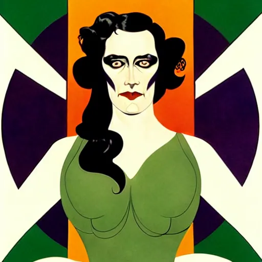 Image similar to Eva Green is Metamorpho, the Element Woman, Art by Coles Phillips, Chalk white skin, deep purple hair, Green eyes, Orange background, Mucha, Portrait of the actress, Eva Green as Metamorpho, carbon black and antique gold