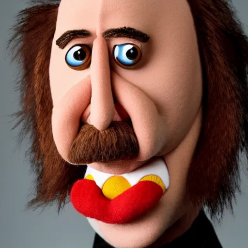 Image similar to nicholas cage as a muppet puppet portrait, cinematic, realistic photography