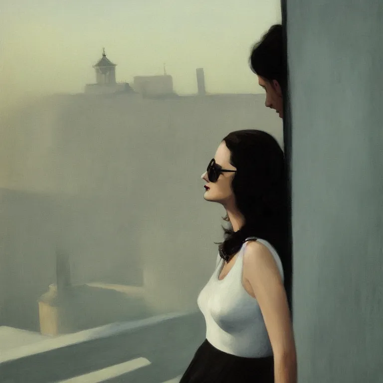 Image similar to portrait of Eva Green on a roof, fog, early morning, , painted by Edward Hopper, painted by Wayne Barlow, airbrush