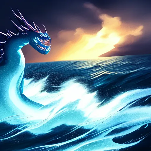 Prompt: in the style of artgerm, a LARGE SEA DRAGON attacking a BOAT, rough seas, night, lighting, cinematic lighting