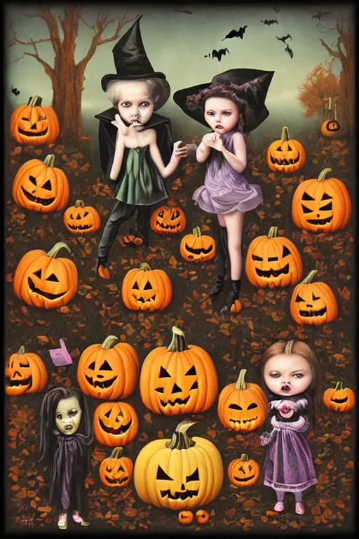 Prompt: halloween pumpinks children trick or treating in low brow style by mark ryden