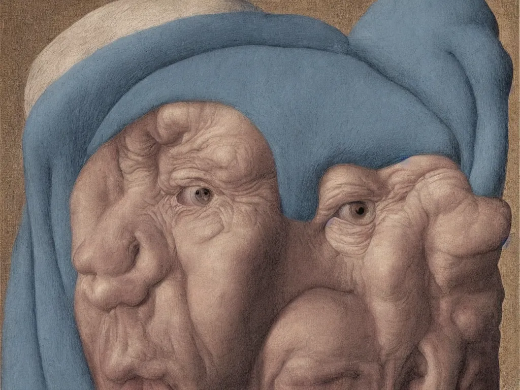 Image similar to Portrait of albino mystic with blue eyes, inside the close up macro ear cavity of an old man. Painting by Jan van Eyck, Audubon, Rene Magritte, Agnes Pelton, Max Ernst, Walton Ford