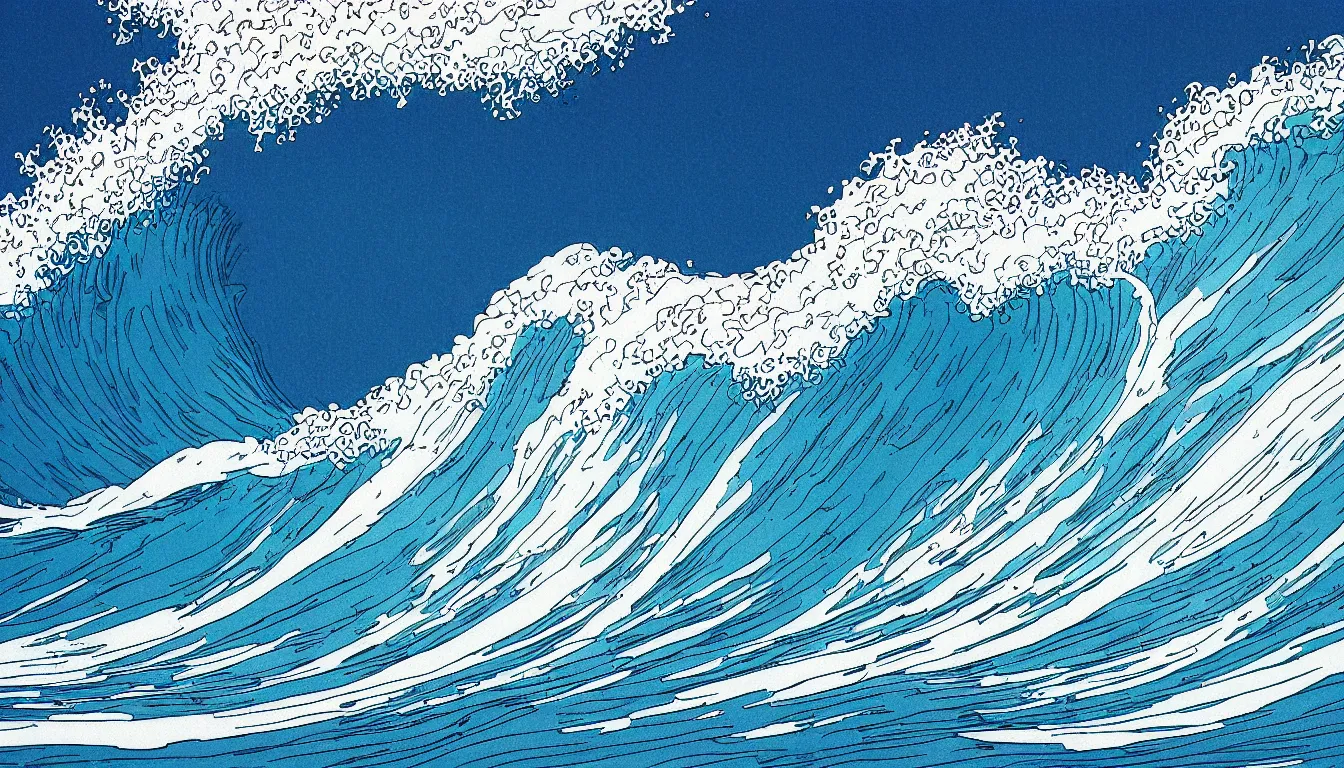 Prompt: Crashing ocean wave by Moebius, minimalist, detailed