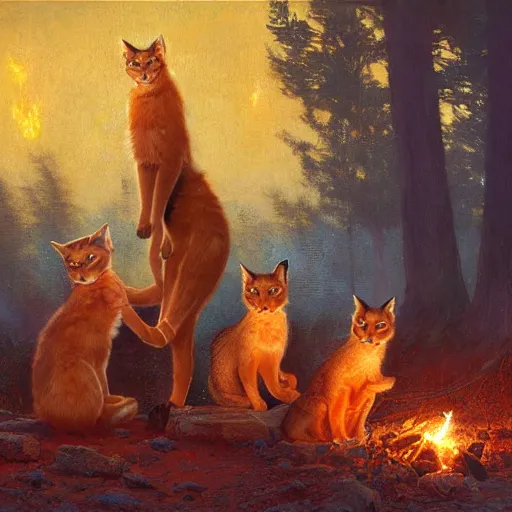 Image similar to three cute caracals wearing red ties with guitar, campfire, night, atmospheric lighting, intricate, volumetric lighting, digital art, highly detailed by gaston bussiere, craig mullins, j. c. leyendecker 8 k