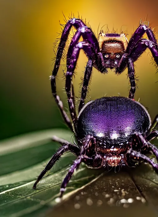 Prompt: beautiful macro photograph of a deep purple spider on a lotus flower, golden hour, golden ratio, nikon d 8 1 0, sigma 8 5 mm ƒ / 2. 5, award - winning, wet hdr refractions, insanely detailed, 8 k, * * * * *