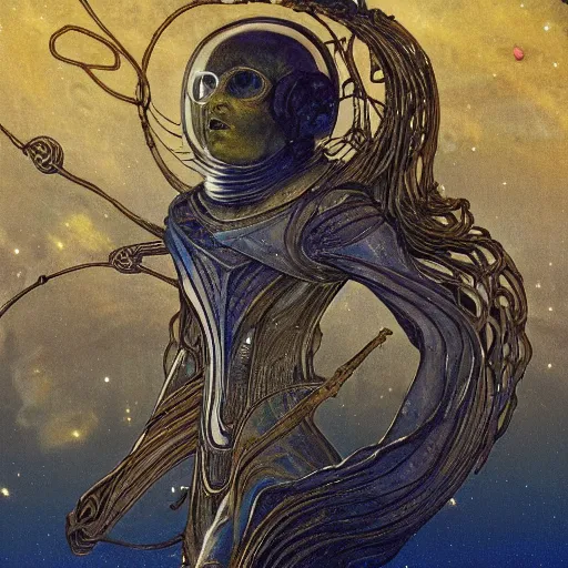 Prompt: the mummy astronaut, style hybrid mix of Anton Pieck+Jean Delville+ Amano,Yves Tanguy+ Alphonse Mucha+ Ernst Haeckel+ Edward Robert Hughes+Stanisław Szukalski , rich moody colors,diamond dust glitter and sparkles, holographic krypton ion,blue eyes,octane render,4k, ighly detailed, hyperrealism, excellent composition, cinematic concept art, dramatic lighting, trending on ArtStation