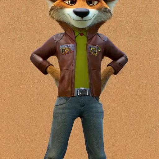 Image similar to portrait, 3 d render, anthropomorphic coyote male, wearing along brown leather jacket, in the style of zootopia