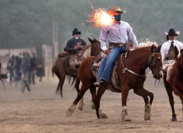 Image similar to a cowboy horse chase vigilantes with face masks disguise, shoot out, exploding horse wide shot, from the hit 1 9 9 0 s tv show on tnt