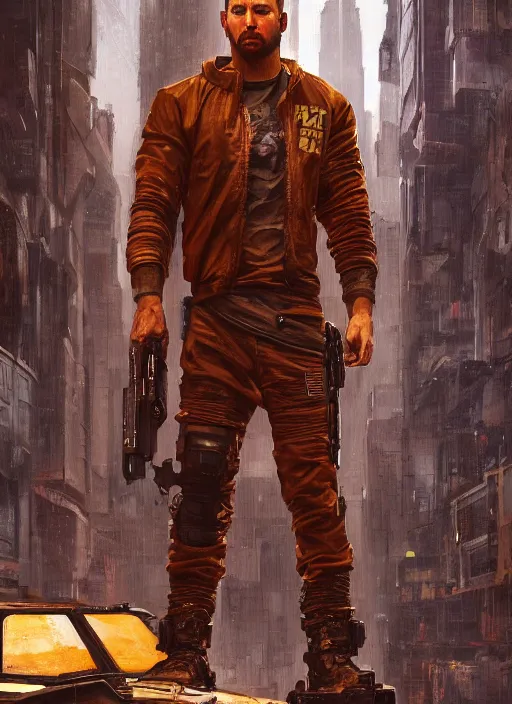 Image similar to buff joe. cyberpunk mercenary in a cyberpunk jumpsuit ( blade runner 2 0 4 9, cyberpunk 2 0 7 7 ). orientalist portrait by john william waterhouse and james gurney and theodore ralli and nasreddine dinet, oil on canvas. cinematic, hyper realism, realistic proportions, dramatic lighting, high detail 4 k