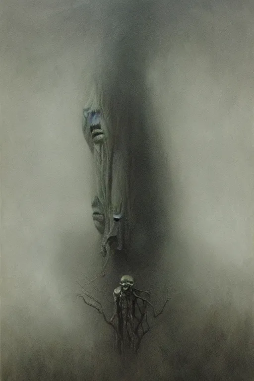 Image similar to hyper realistic painting of the eerie fog, ghost, creepy atmosphere, unnerving brushstrokes wayne barlowe, beksinski, hr giger, austin osman spare, bussiere