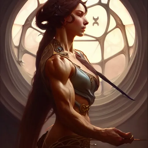 Image similar to , muscular upper body, D&D, fantasy, intricate, elegant, highly detailed, digital painting, artstation, concept art, smooth, sharp focus, illustration, art by artgerm and greg rutkowski and alphonse mucha