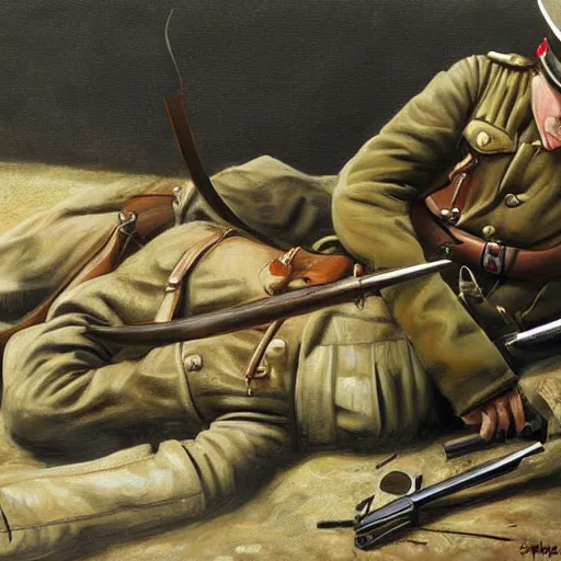 Image similar to a beautiful extremely complex painting of a german army in ww 1 lying down and his weapon next to him the army is tired of the war digital painting