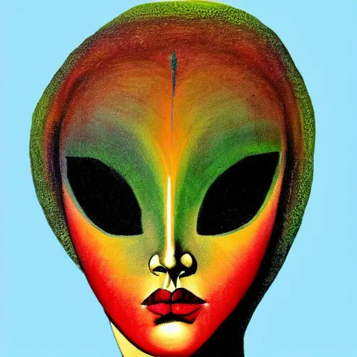 Prompt: Art in the style of Bob Peak, Gaia, Mother Earth, side portrait, mask inside mask