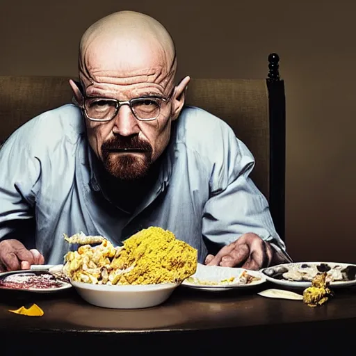 Prompt: walter white eating arugala, photography,