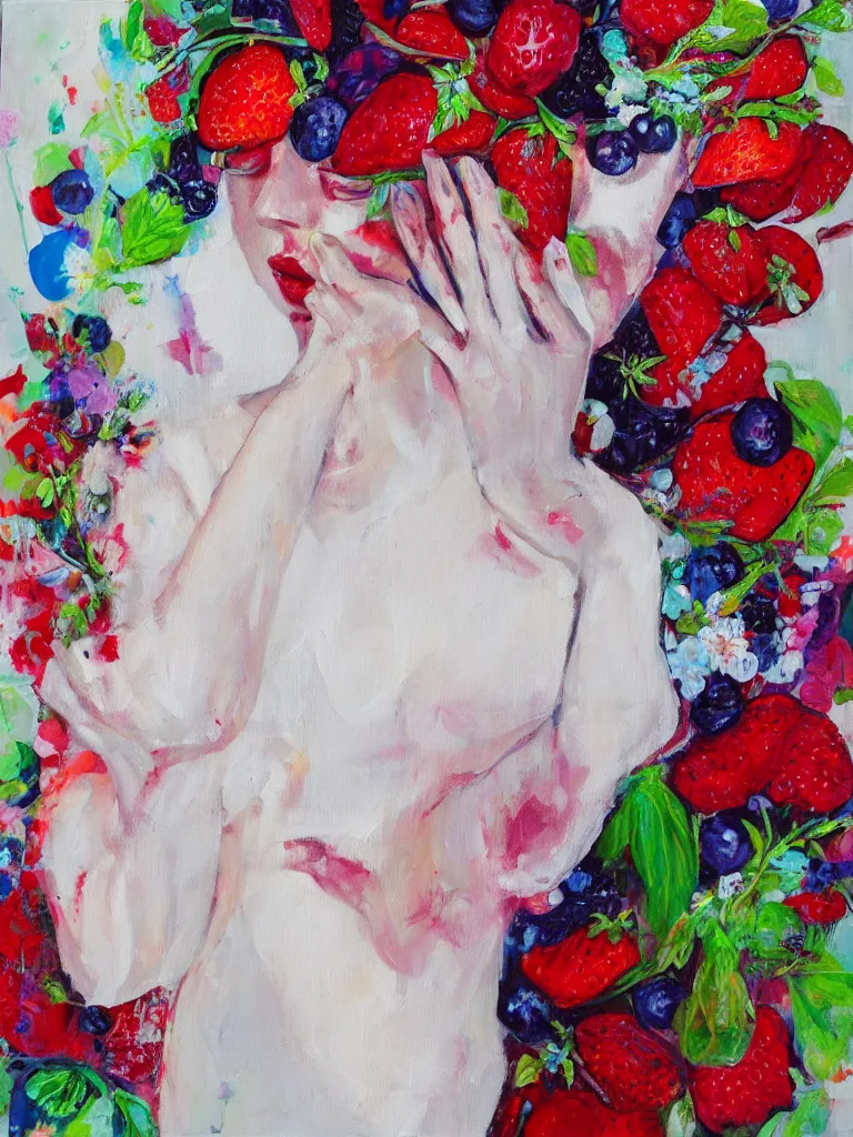 Image similar to “organic, portrait of a woman wearing white silk, neoexpressionist, eating luscious fresh raspberries and strawberries and blueberries, edible flowers, acrylic and spray paint and oilstick on canvas”