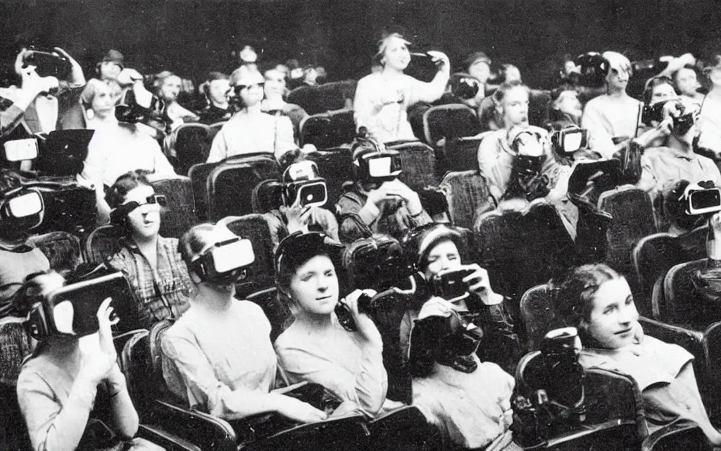 Image similar to 1 9 0 0 s photo of people using iphones ipods virtual reality headsets vr watching hd tv in a movie theater