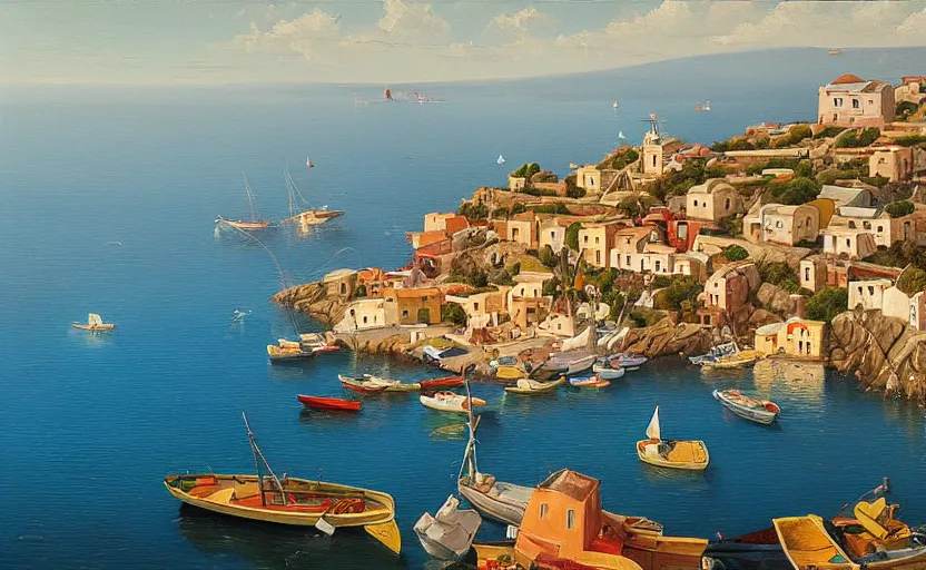 Image similar to An oil painting of a beautiful Mediterranean fishing village, boats, calm, aerial view, by Michiel Schrijver