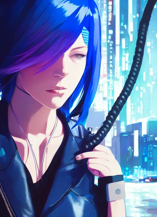 Image similar to hyper realistic photograph portrait of cyberpunk pretty girl with blue hair, wearing a full leather outfit, holding a whip, in city street at night, by makoto shinkai, ilya kuvshinov, lois van baarle, rossdraws, basquiat