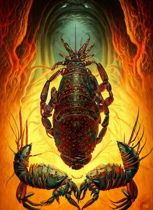 Image similar to lobster glowing reptile eyes, shamanic poster lsd art, intricate, elegant, highly detailed, centered, digital painting, artstation, concept art, smooth, sharp focus, illustration, artgerm, tomasz alen kopera, peter mohrbacher, donato giancola, joseph christian leyendecker, wlop, frank frazetta