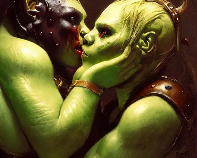 Image similar to romantic fantasy oil painting portrait of two female orc warriors kissing, wearing leather armor, their skin is green. fantasy art by greg rutkowski and john singer sargent