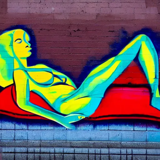 Image similar to This street art is a beautiful example of use of color and light. The street art depicts a woman reclining on a couch, with her head turned to the side and her eyes closed. The woman's body is bathed in a light, and her skin appears to glow. The artist has used a soft, delicate palette to create a sense of tranquility and serenity. The street art is elegant and graceful, and the woman's face is incredibly expressive. It is a truly beautiful street art. by Jack Gaughan tranquil