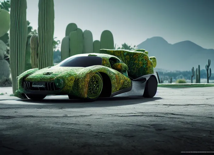 Image similar to hd wallpaper of a car made out of cactus, octane render, 8 k, hyperrealistic, unreal 5, intricate detail, cinematic, studio lighting, concept art, trending on artstation