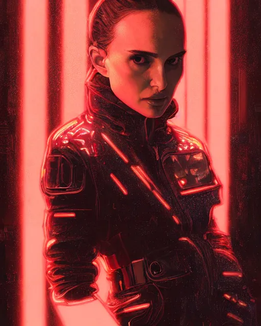 Prompt: detailed portrait Natalie Portman Neon Operator Girl, cyberpunk futuristic neon, reflective puffy coat, decorated with traditional Japanese ornaments by Ismail inceoglu dragan bibin hans thoma greg rutkowski Alexandros Pyromallis Nekro Rene Maritte Illustrated, Perfect face, fine details, realistic shaded, fine-face, pretty face