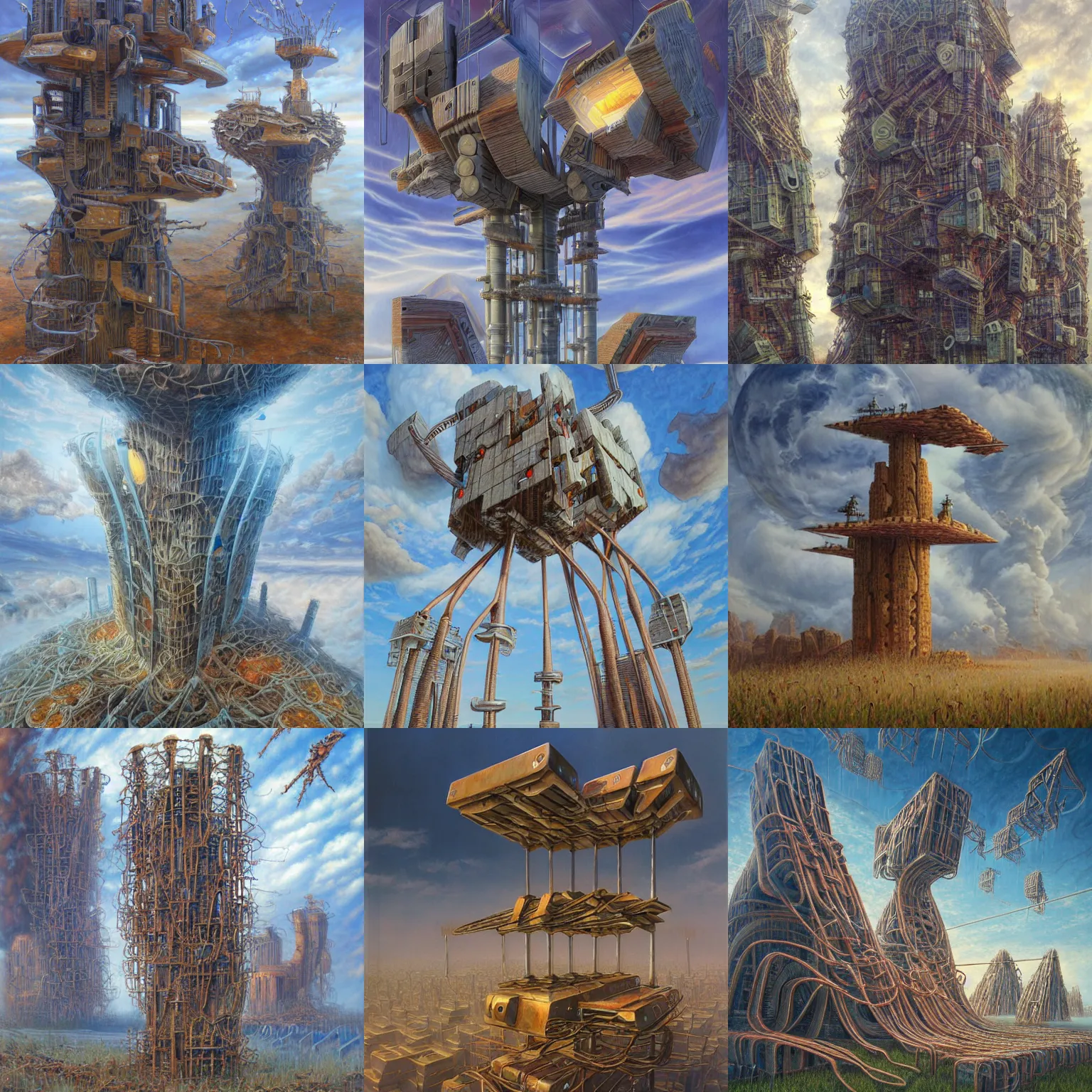 Prompt: connected towers, pltforms, gravity falls and is going up again by rebecca gruay and peter gric