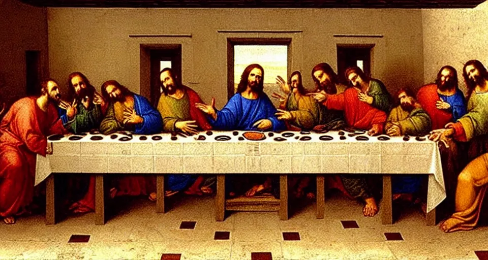 Image similar to The last supper, but Jesus is the DJ (disc jesus), he's playing sick tracks on his CDJ's in the 0th century club, painting by Leonardo da Vinci