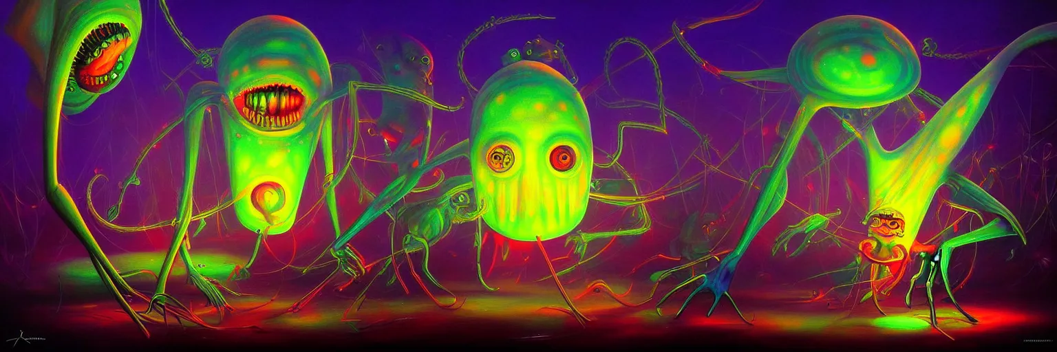 Image similar to strange plankton creatures from the depths of the collective unconscious, dramatic lighting, surreal darkly colorful painting by ronny khalil
