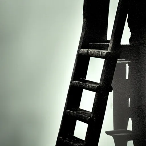 Image similar to a ghostly hand holding a metal step ladder emerges from the mist