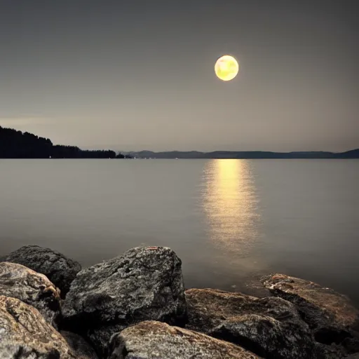 Image similar to lake of constance at night on a rocky beach with stars above and a full moon. photo trending on artstation