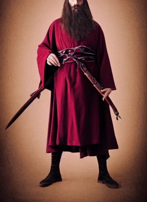 Image similar to full body portrait of a 30 year old RASPUTIN wearing a highly detailed deep purple and crimson robe with cloak holding a sickle in his right hand. Cinematic dynamic lighting with backlight. ACTION POSE. portrait by Annie Leibovitz