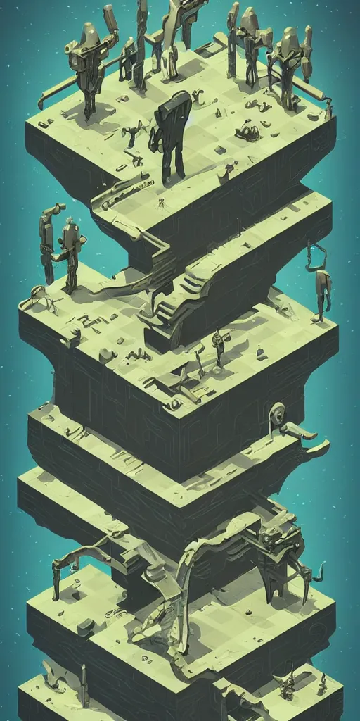 Image similar to isometric portrait of advanced alien, his last moment, mystical, technology meets fantasy, map, infographic, concept art, art station, style of monument valley, giger, wes anderson