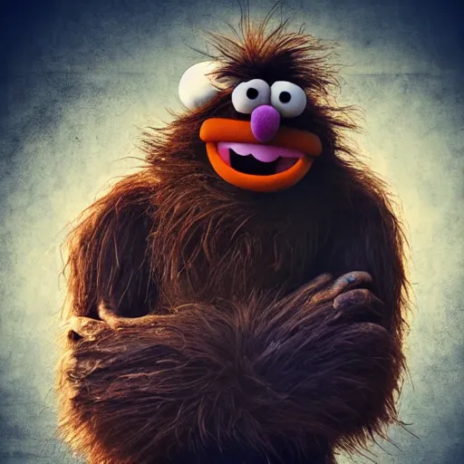 Image similar to a still of a forgotten muppet character looking very manly and modern, hilarious, laughing, hairy chest, huge chin, manly monster tough guy, roughled fur, photo real, photographic, photograph, artstation, trending, featured