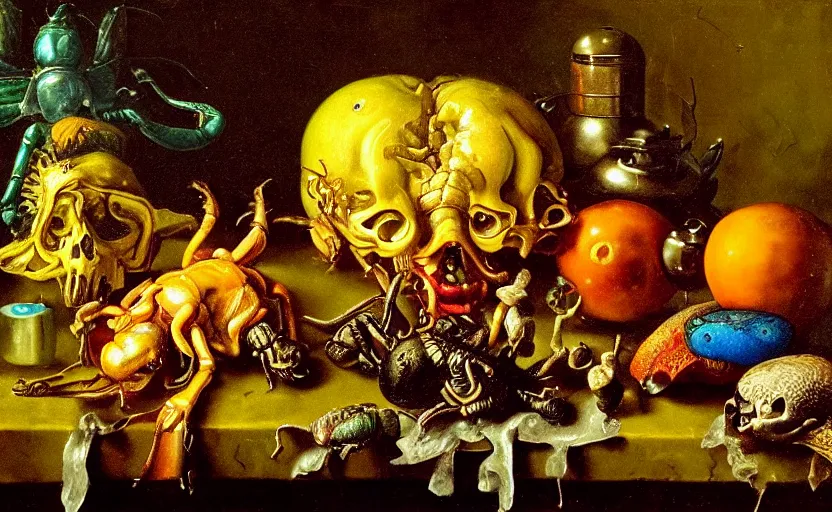 Image similar to disturbing colorful oil painting dutch golden age vanitas still life with bizarre objects strange gooey surfaces shiny metal bizarre insects rachel ruysch dali todd schorr very detailed perfect composition rule of thirds masterpiece canon 5 0 mm, cinematic lighting, photography, retro, film, kodachrome