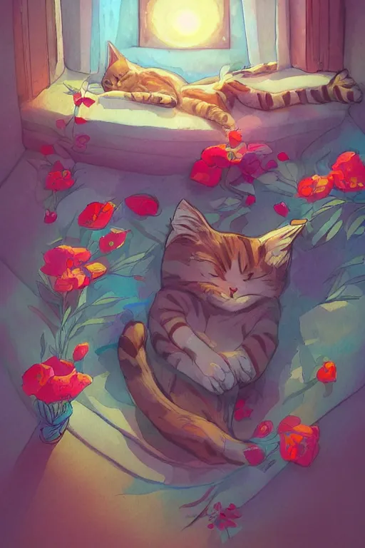 Image similar to a digital art of a cat sleeping in the room with flowers around in the afternoon, the sun shines in, storybook art, watercolor, detailed, cute, by anton fadeev, featured on artstation