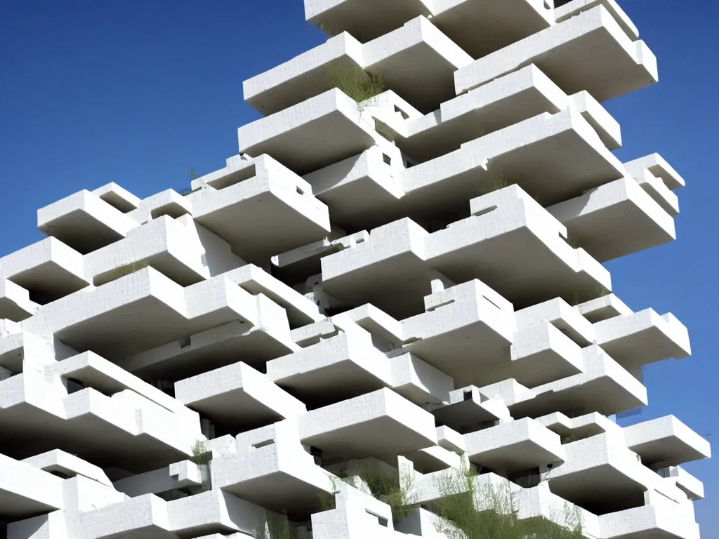 Image similar to habitat 6 7, white lego terraced architecture hotel in the dessert, many plants and infinite pool