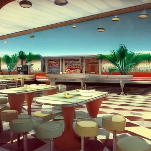 Image similar to photorealistic 1960s diner cafe in the middle of a desert,