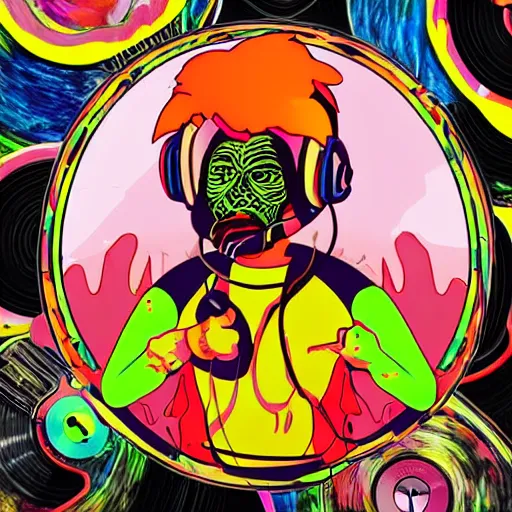 Image similar to svg sticker of a Pop-Wonder Alien-Bog-Monster-Swamp-Rat-Thunder-Coot-Racing-Fan at a rave, spinning records, giant headphones rocking out, wearing headphones, huge speakers, dancing, rave, DJ, spinning records, digital art, amazing composition, rule-of-thirds, award-winning, trending on artstation, featured on deviantart