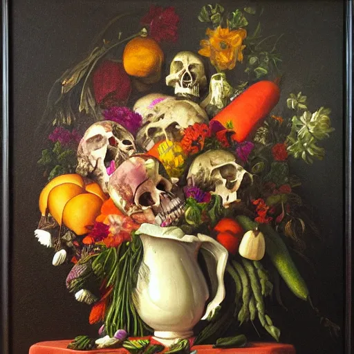 Image similar to still life, flowers, vegetables, fruits and skulls, oil painting, highly detailed